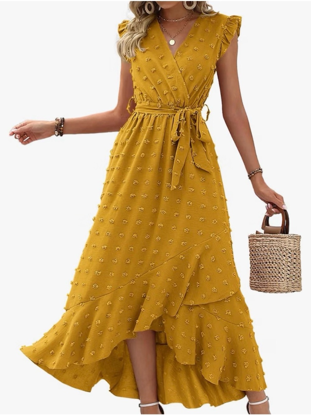 Mustard Yellow High-Low Wrap Dress with Self-Tie Waist. Baby shower, vacation.